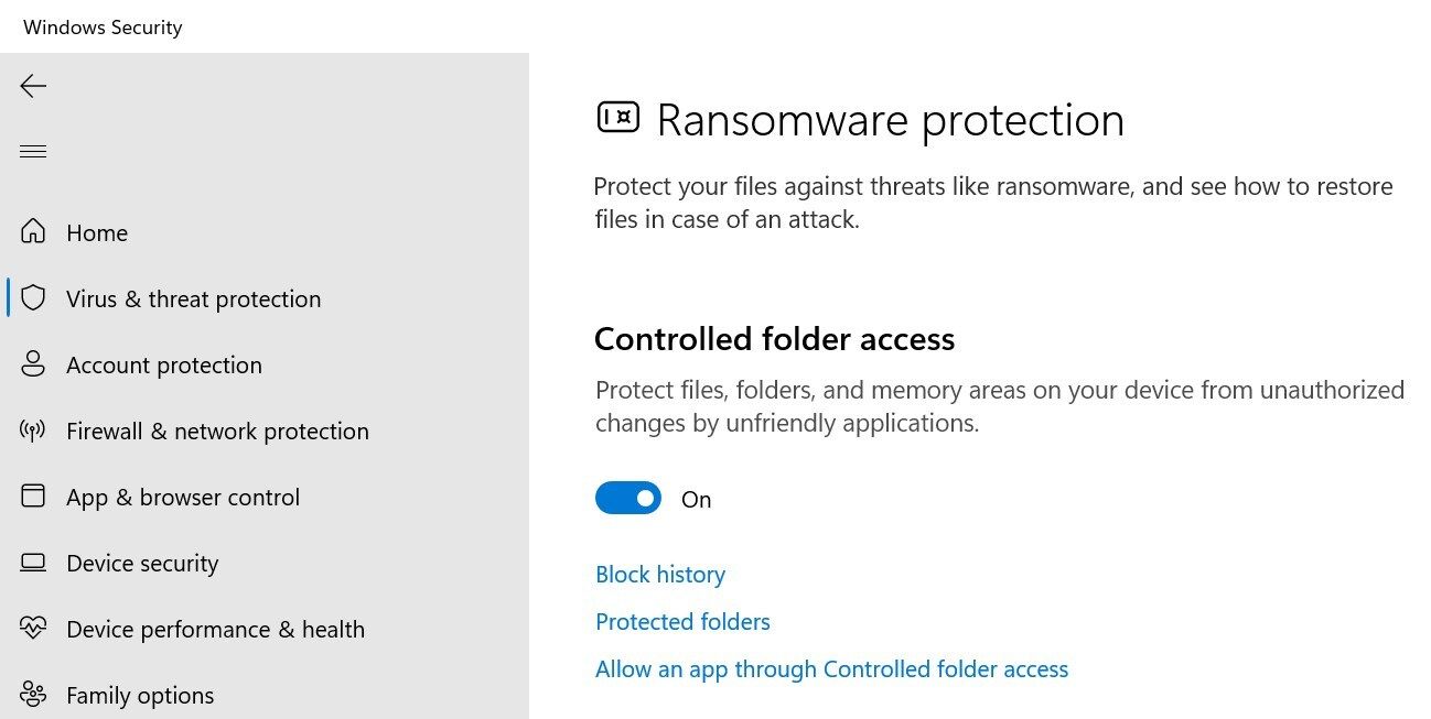 Turning on ransomware protection in Windows.