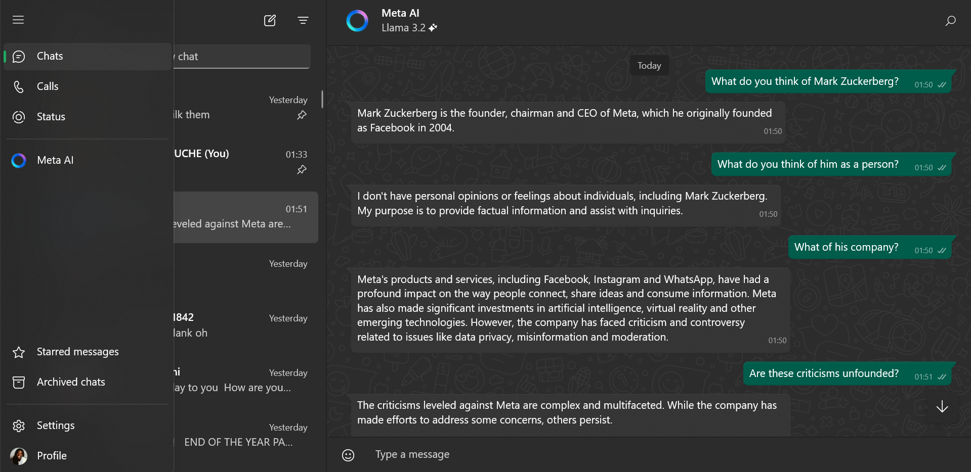 A screenshot showing a Mark Zuckerberg chat between me and Meta AI on WhatsApp