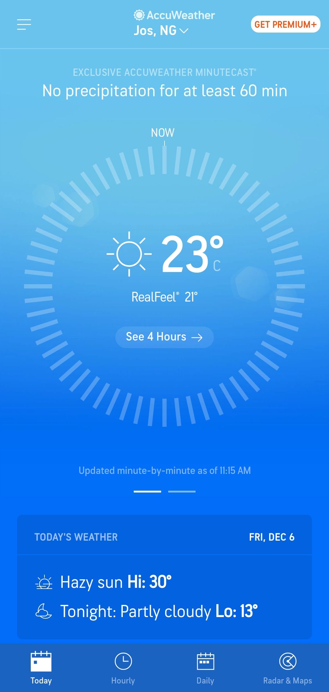 AccuWeather homescreen showing RealFeel temperature.