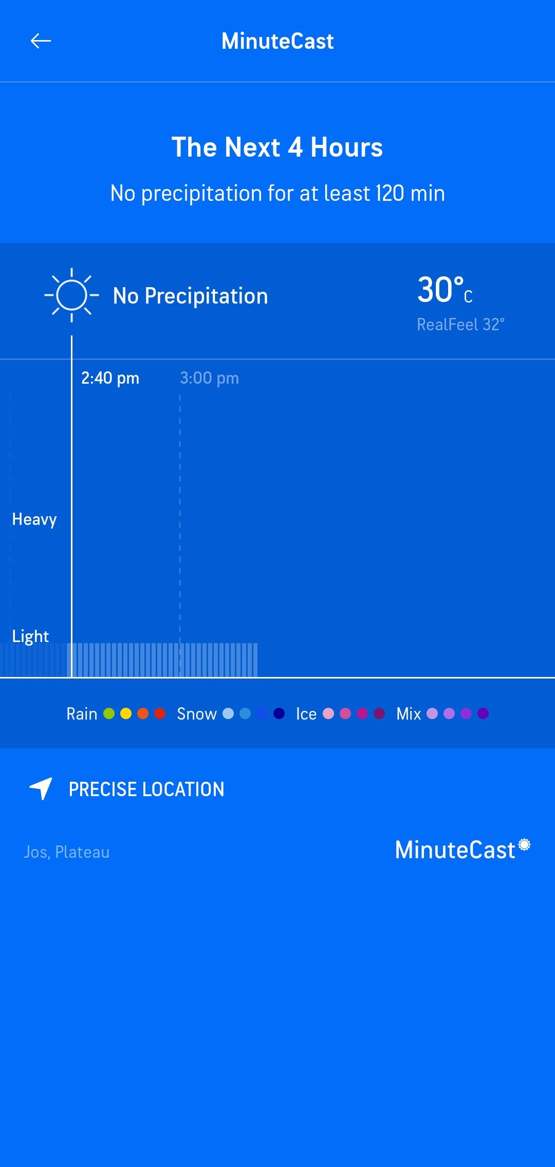 AccuWeather MinuteCast feature showing no rain for next 120 minutes.