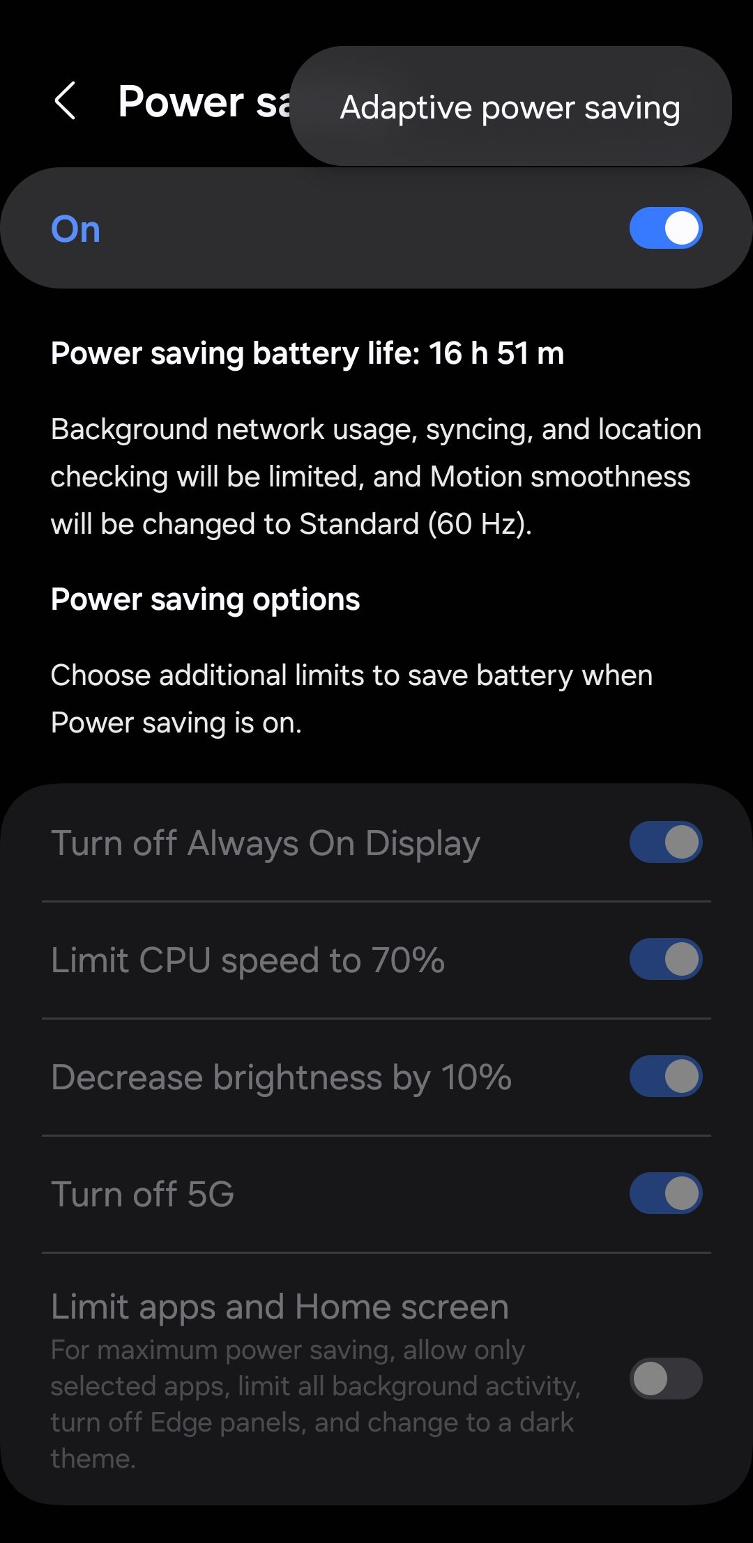 Adaptive power saving option on Android