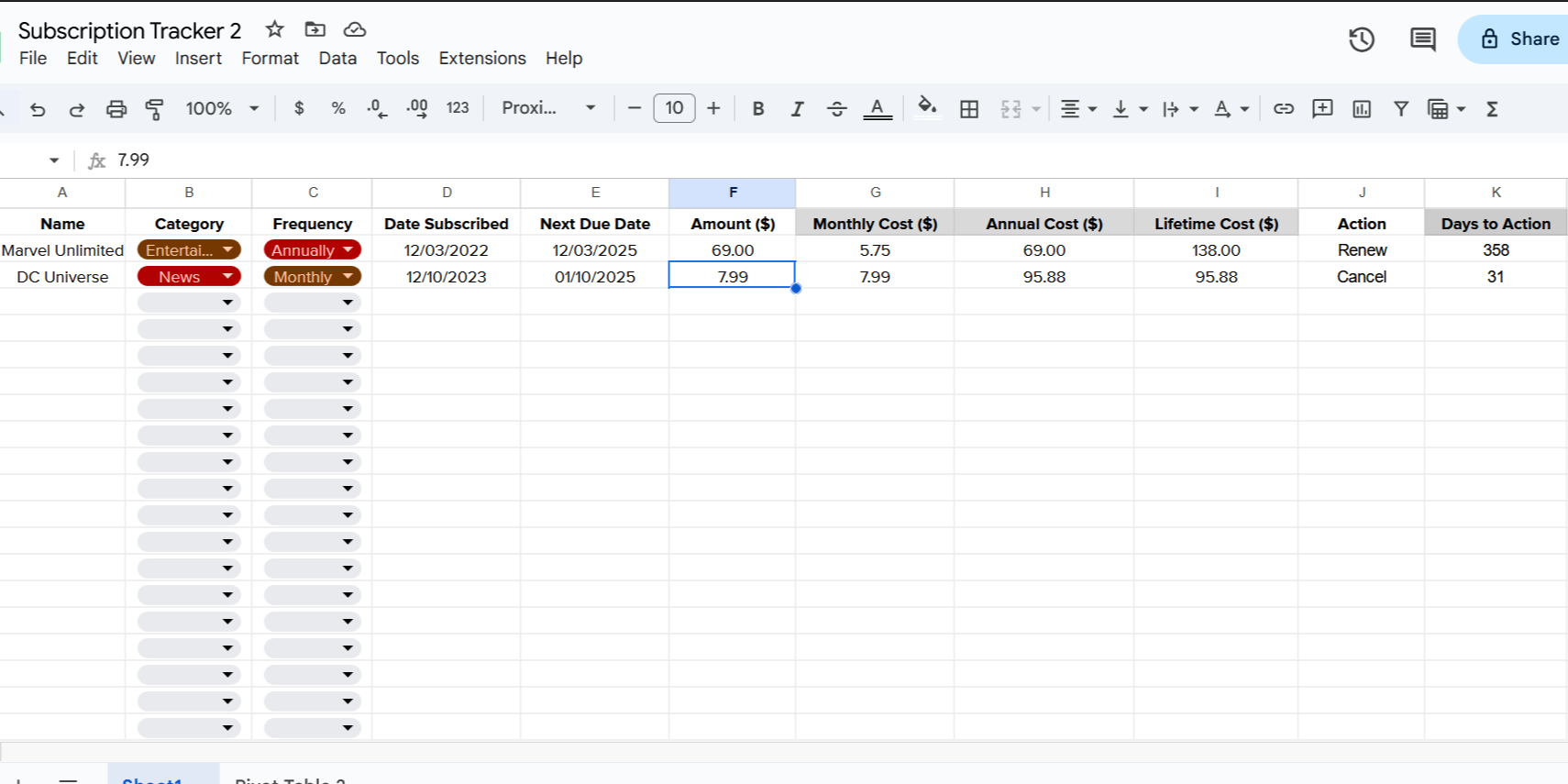 Advanced subscription tracker template in Google Sheets