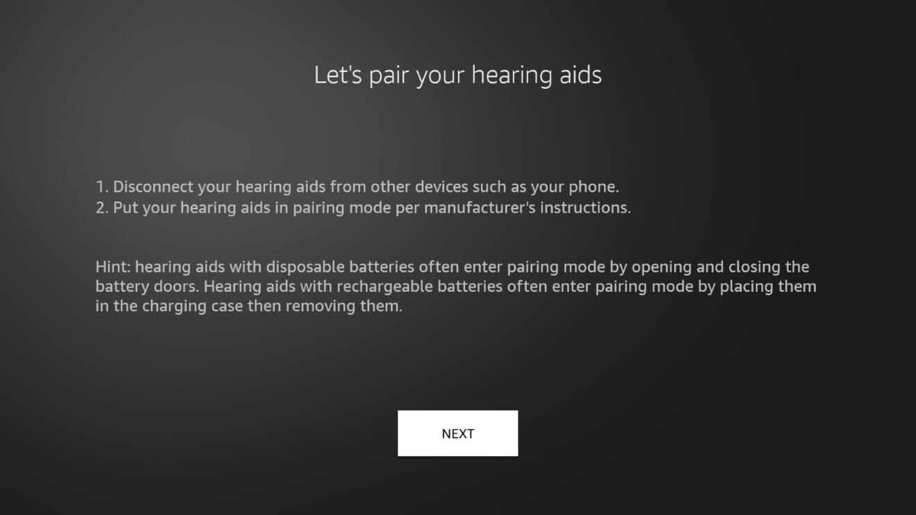 A dialogue open on an Amazon Fire TV asking a user to pair a hearing aid