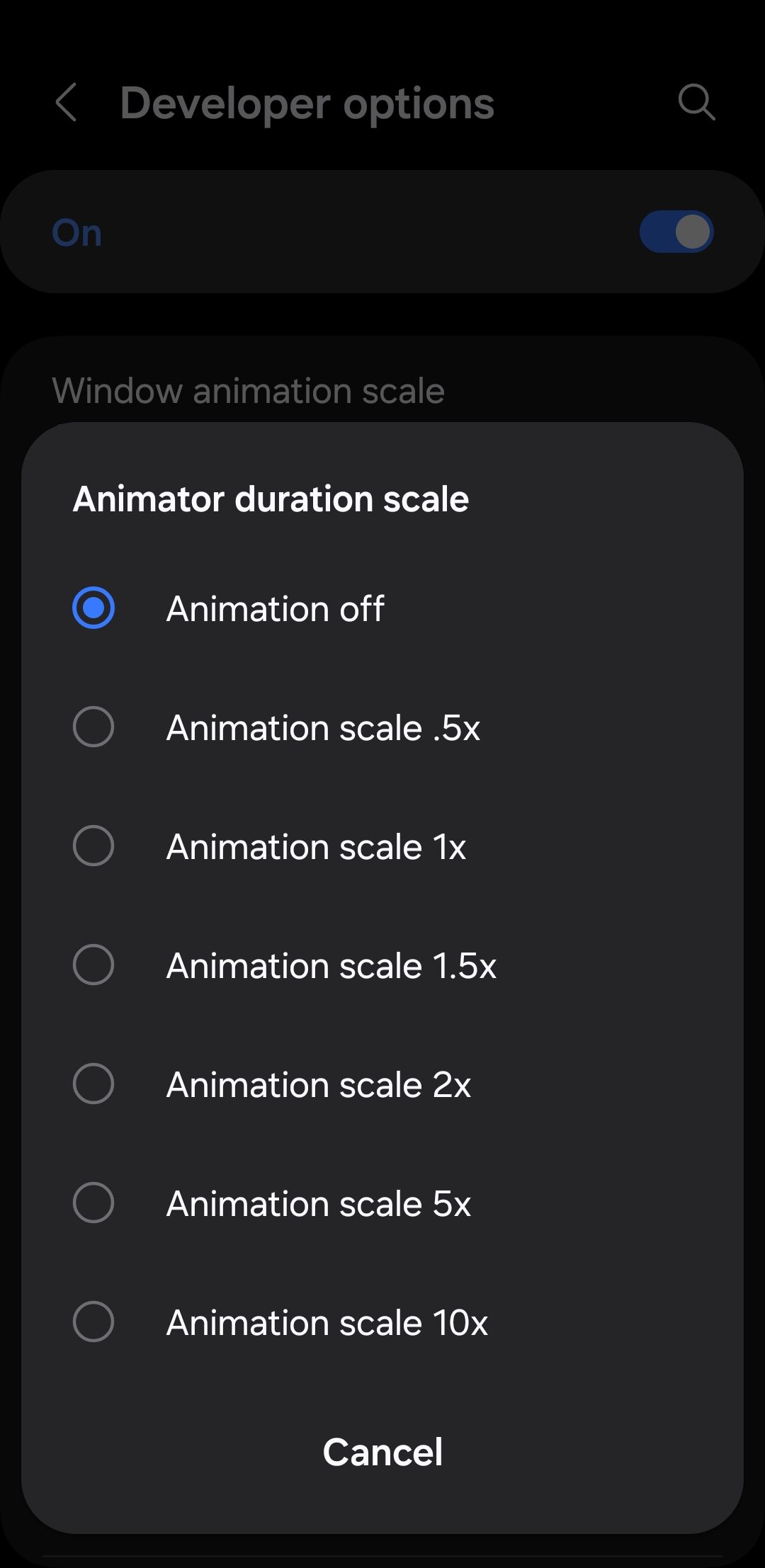 Animator animation scale option in developer options menu