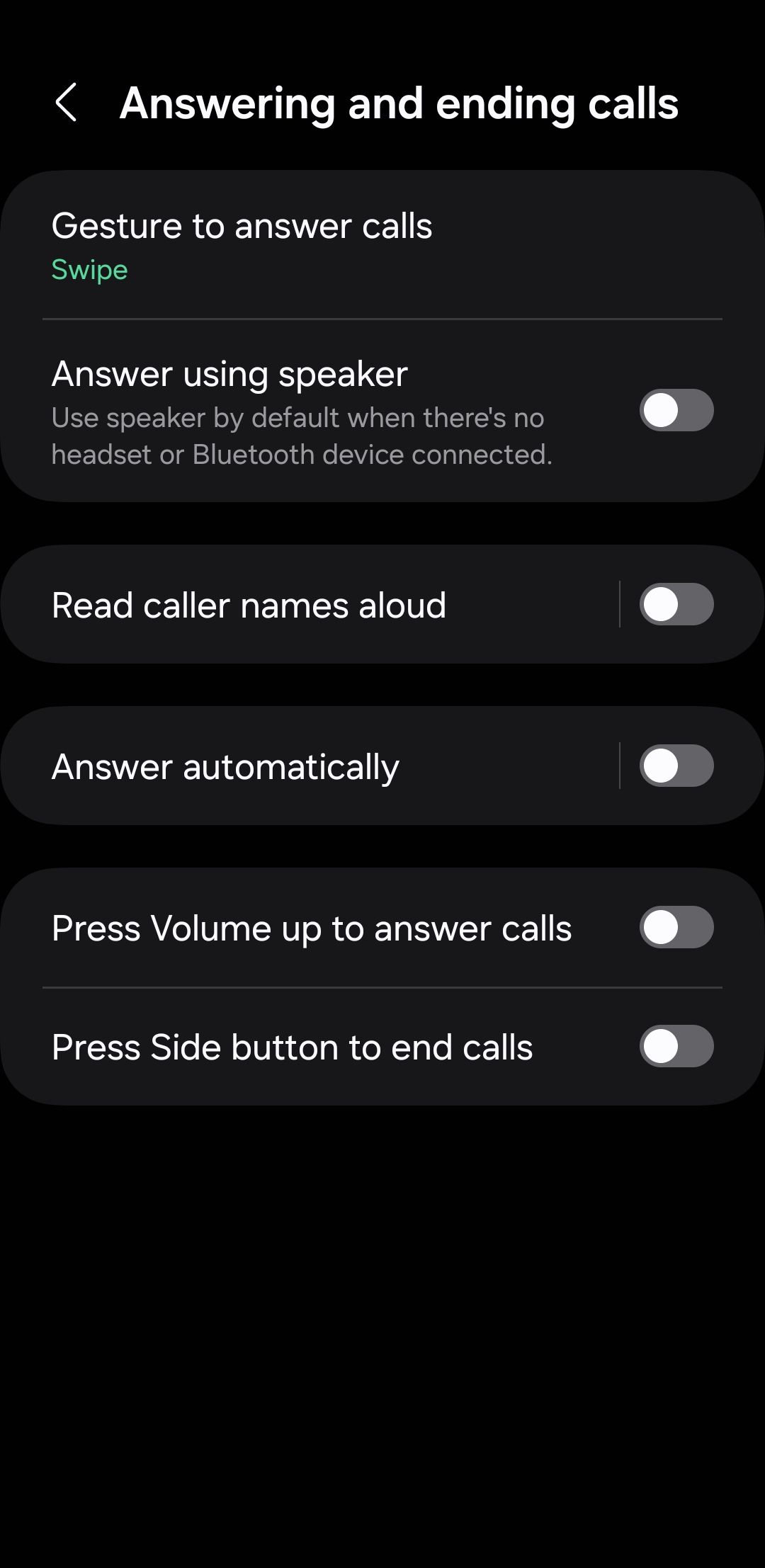 Answering and ending calls menu on Android