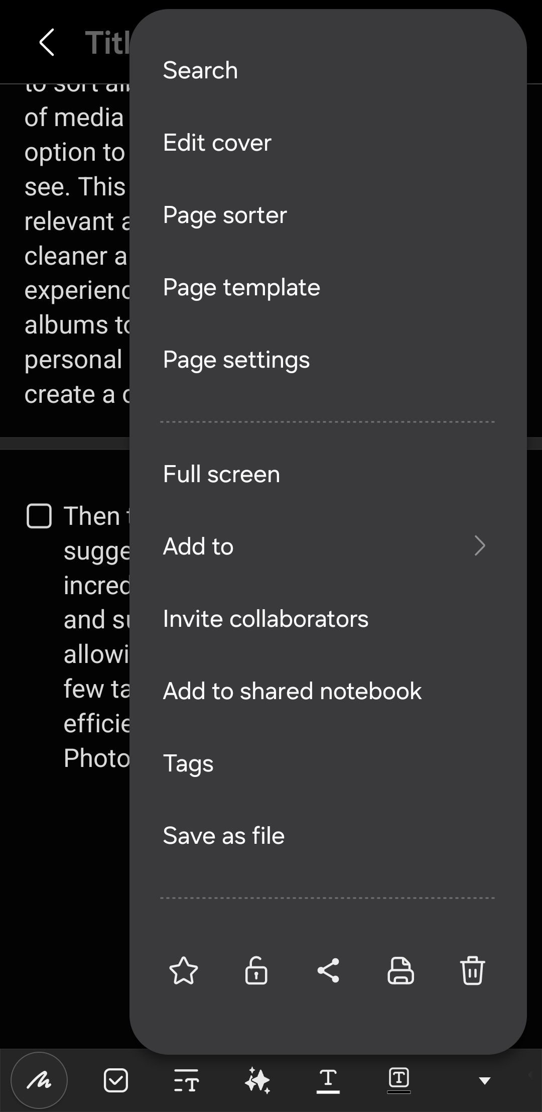 App menu in Samsung Notes