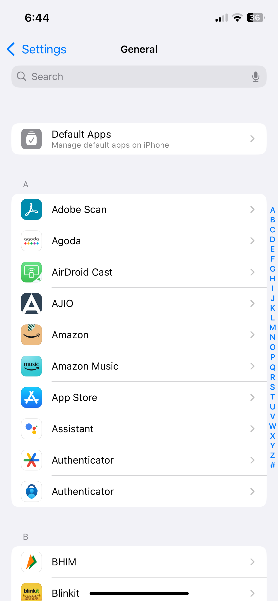 App settings menu on iPhone