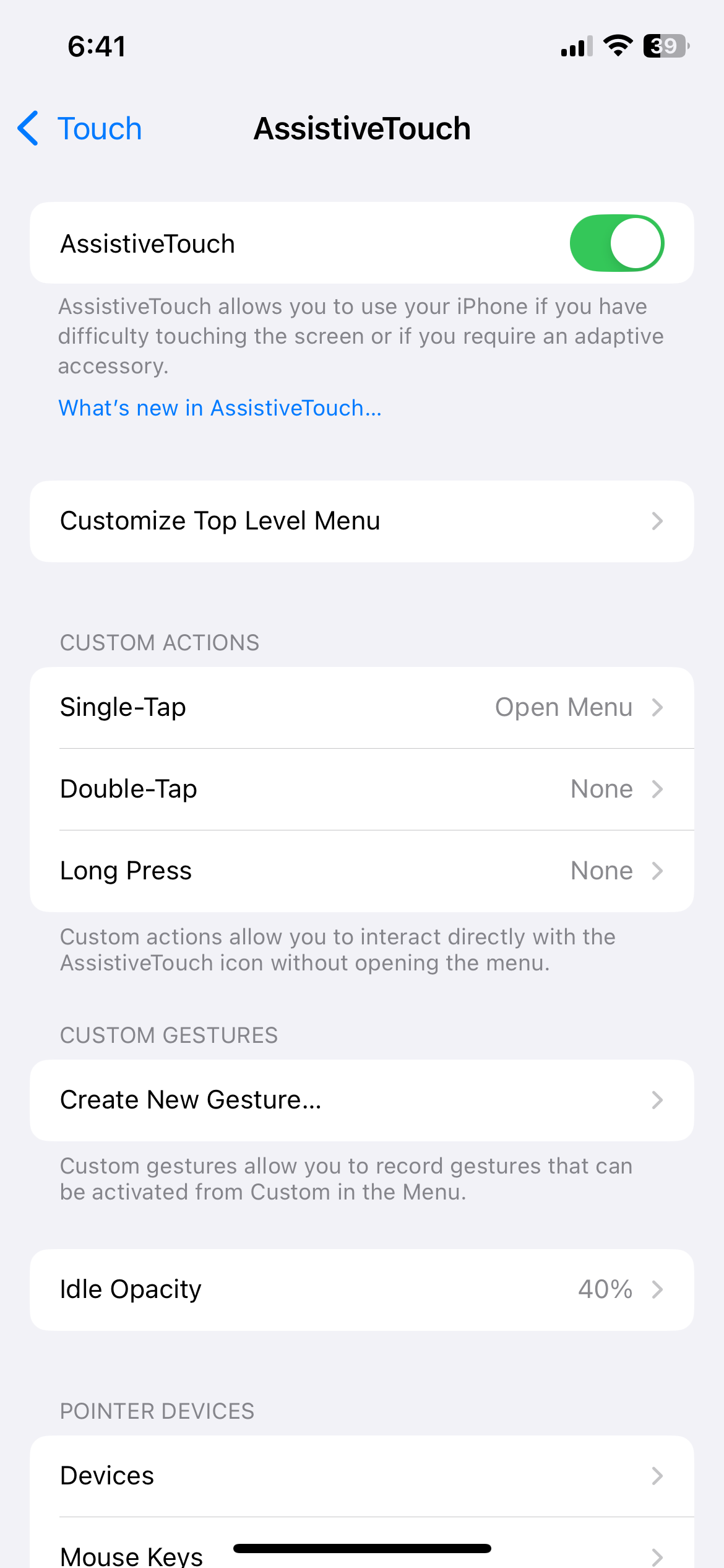 AssistiveTouch settings menu on iPhone