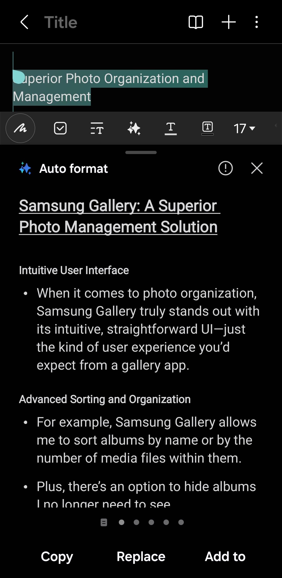 Auto Format menu in the Samsung Notes app