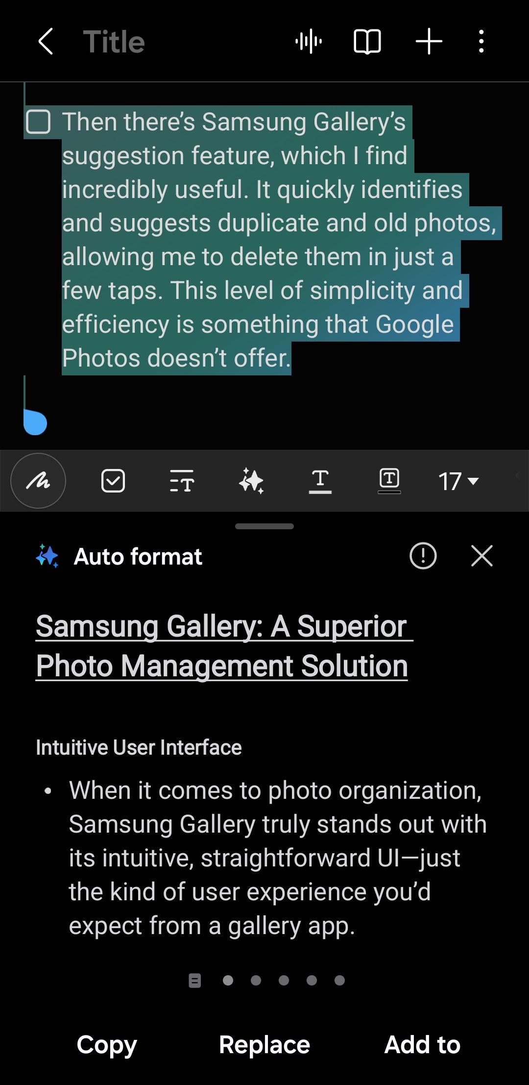 Auto formatting feature in Samsung Notes app