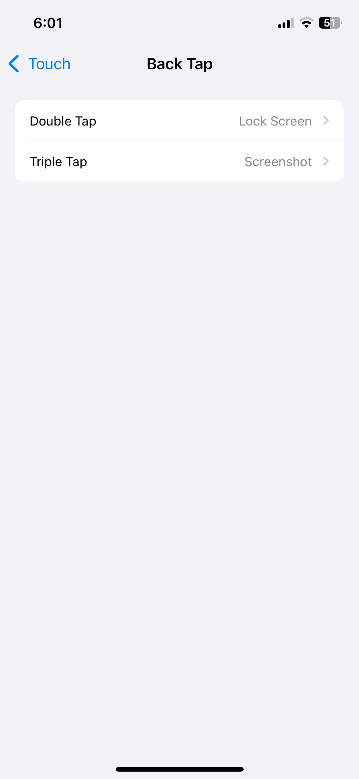 Back tap settings menu on iPhone