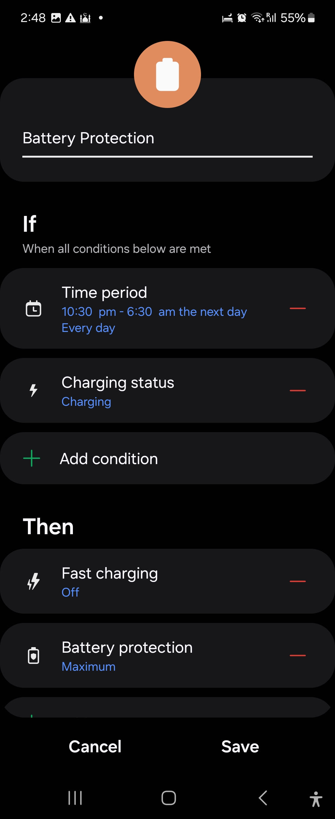 Battery protection routine in Samsung Modes and Routine app