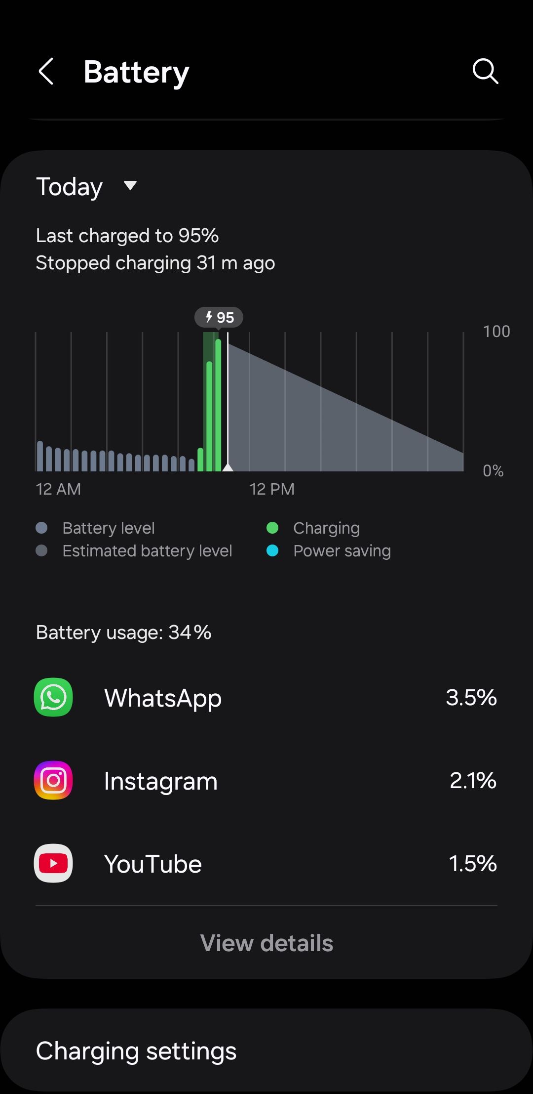 Battery settings menu on Android phone