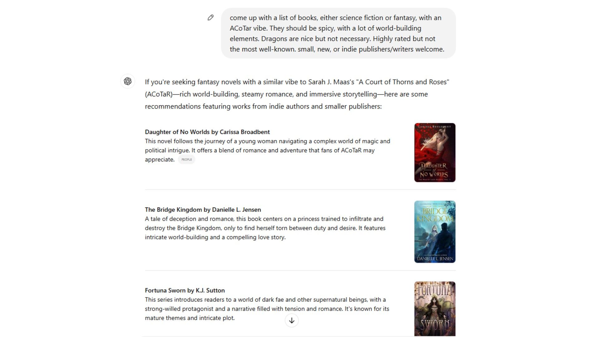 Book recommendations based off ChatGPT prompt.