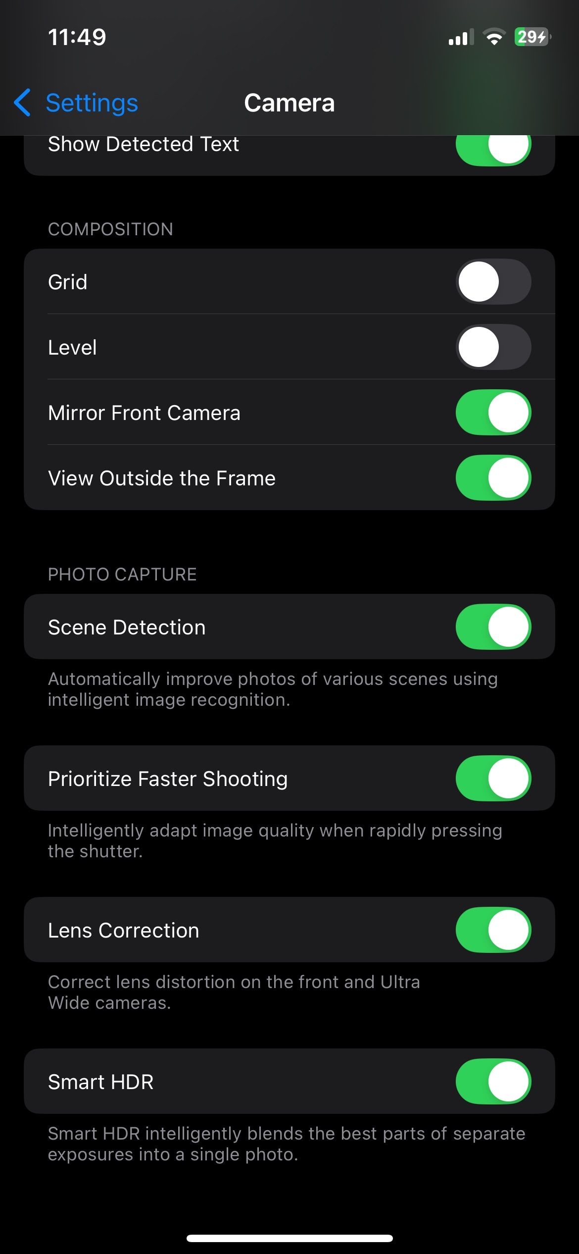 Camera App Settings Menu on iPhone