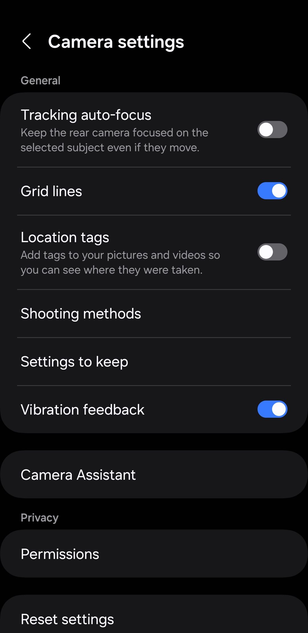 Camera settings menu on Samsung phone