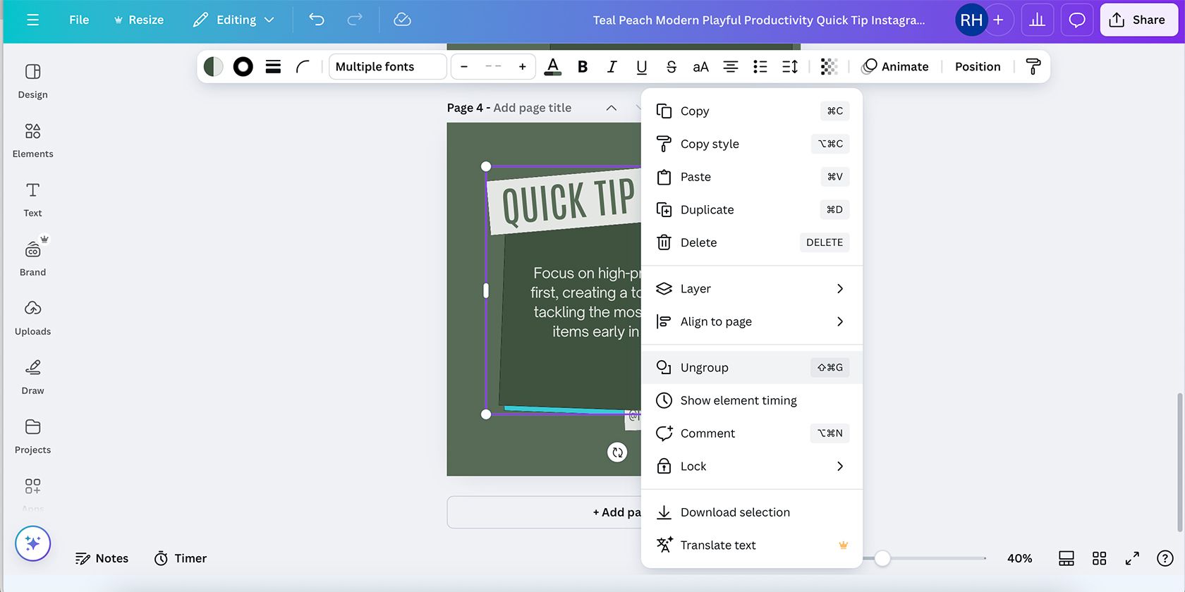 Canva Browser Right Click Ungroup