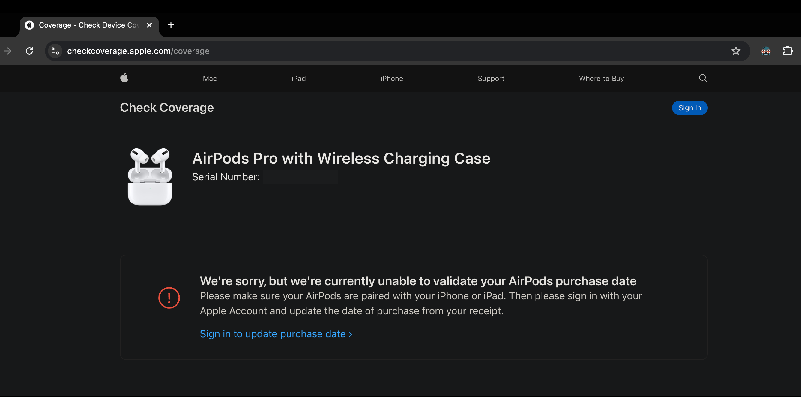 Checking AirPods coverage on Apple's website