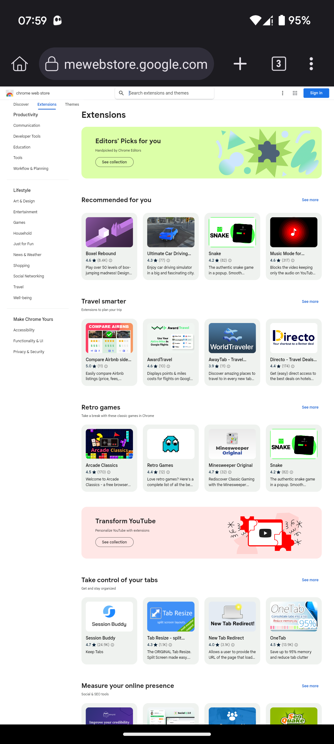 Chrome Web Store homepage in Kiwi Browser