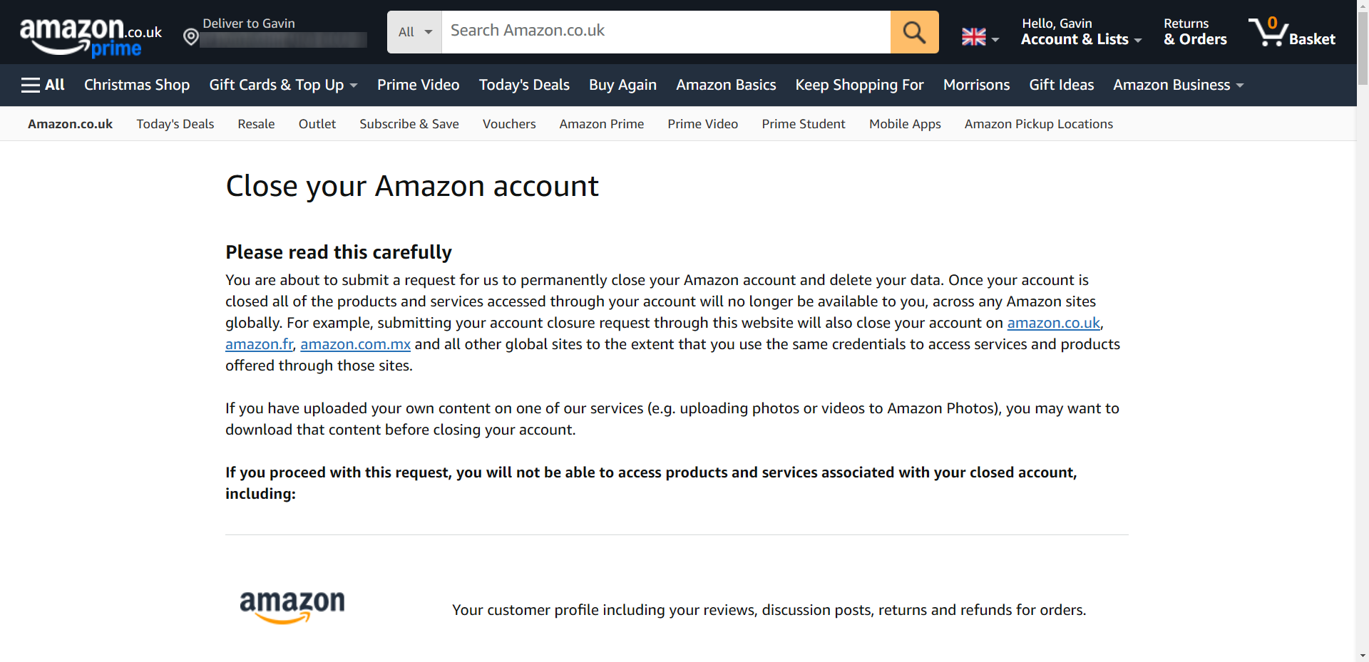 closing amazon account page