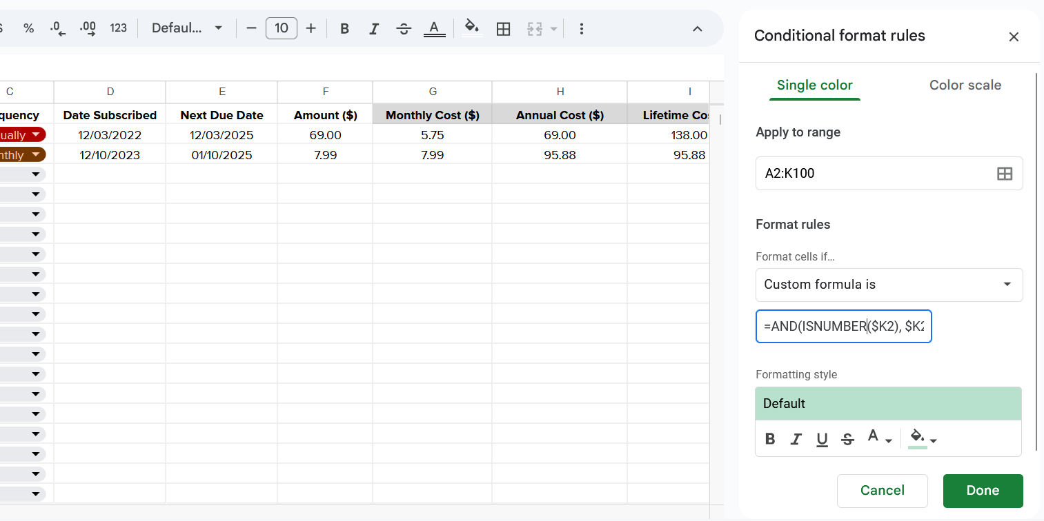 Conditional Formatting in Google Sheets Subscription Tracker