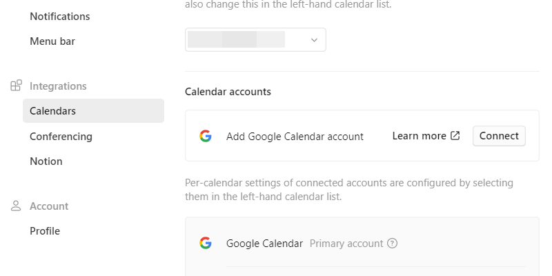 Connecting a Google calendar in Notion Calendar.