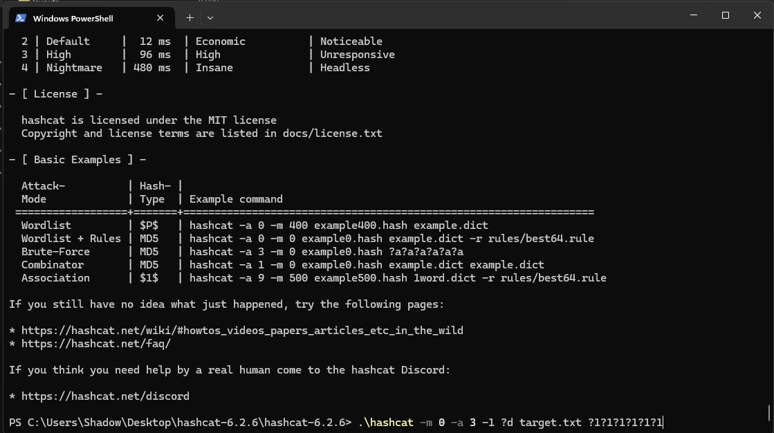 Peforming a brute force attack with Hashcat