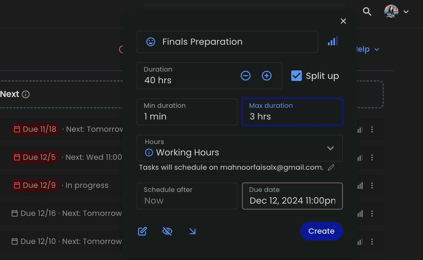 Creating a new Reclaim task called %22Finals Preparation%22