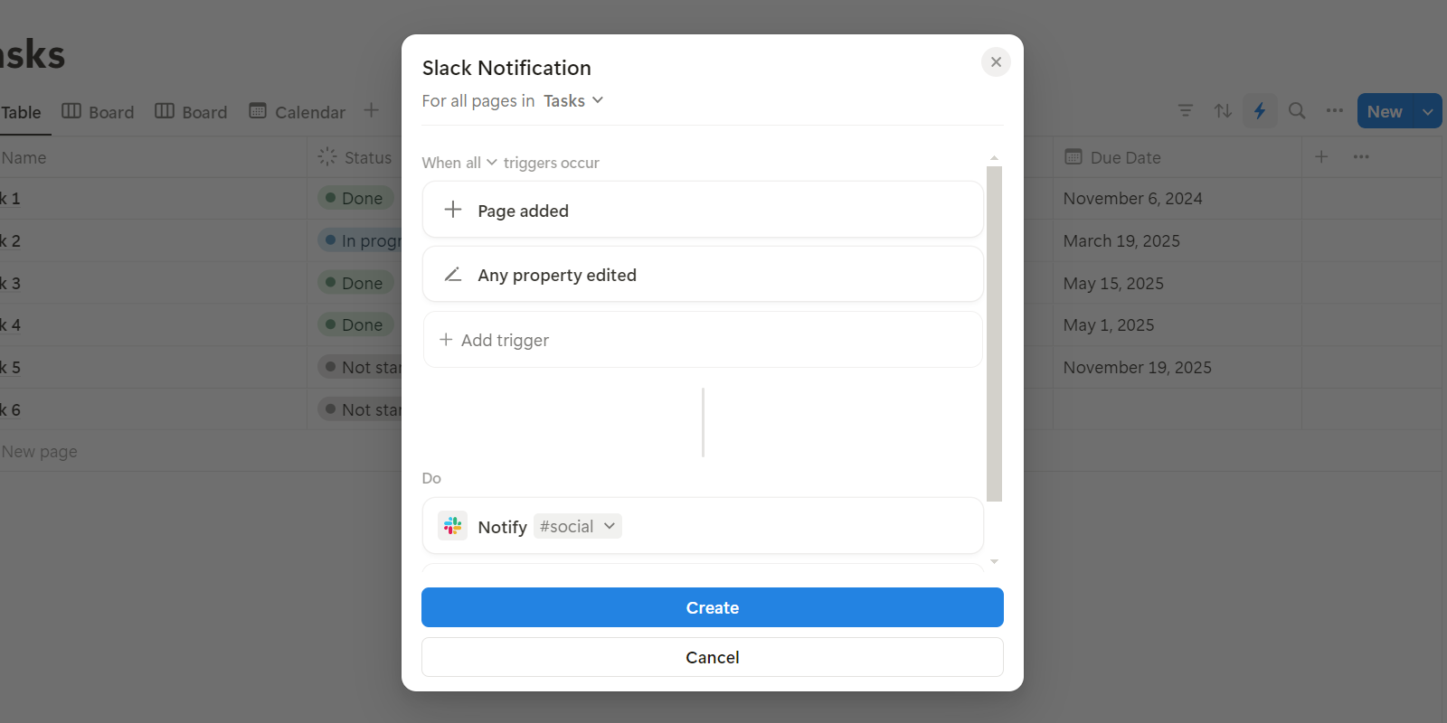 Creating an automation for a Slack notification in Notion.