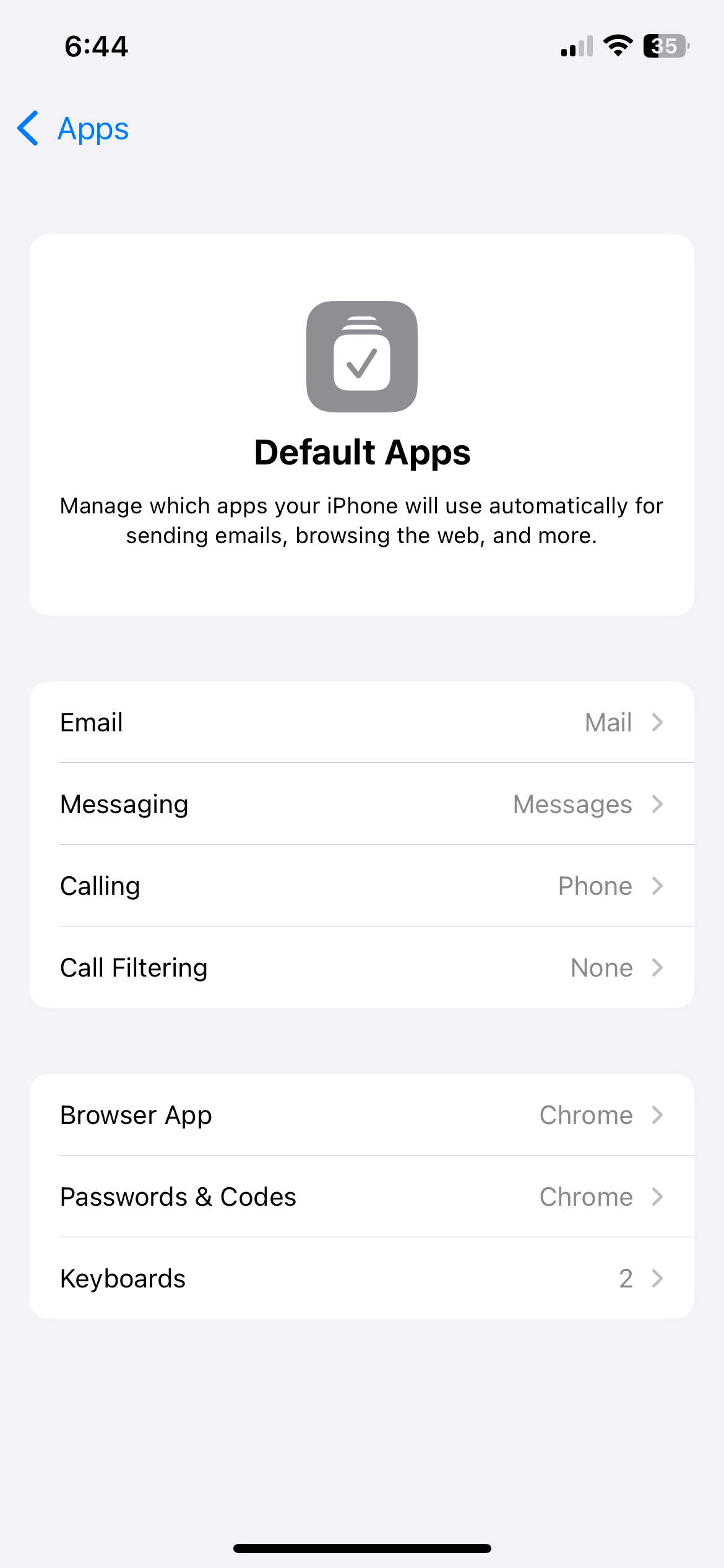 Default app menu on iPhone