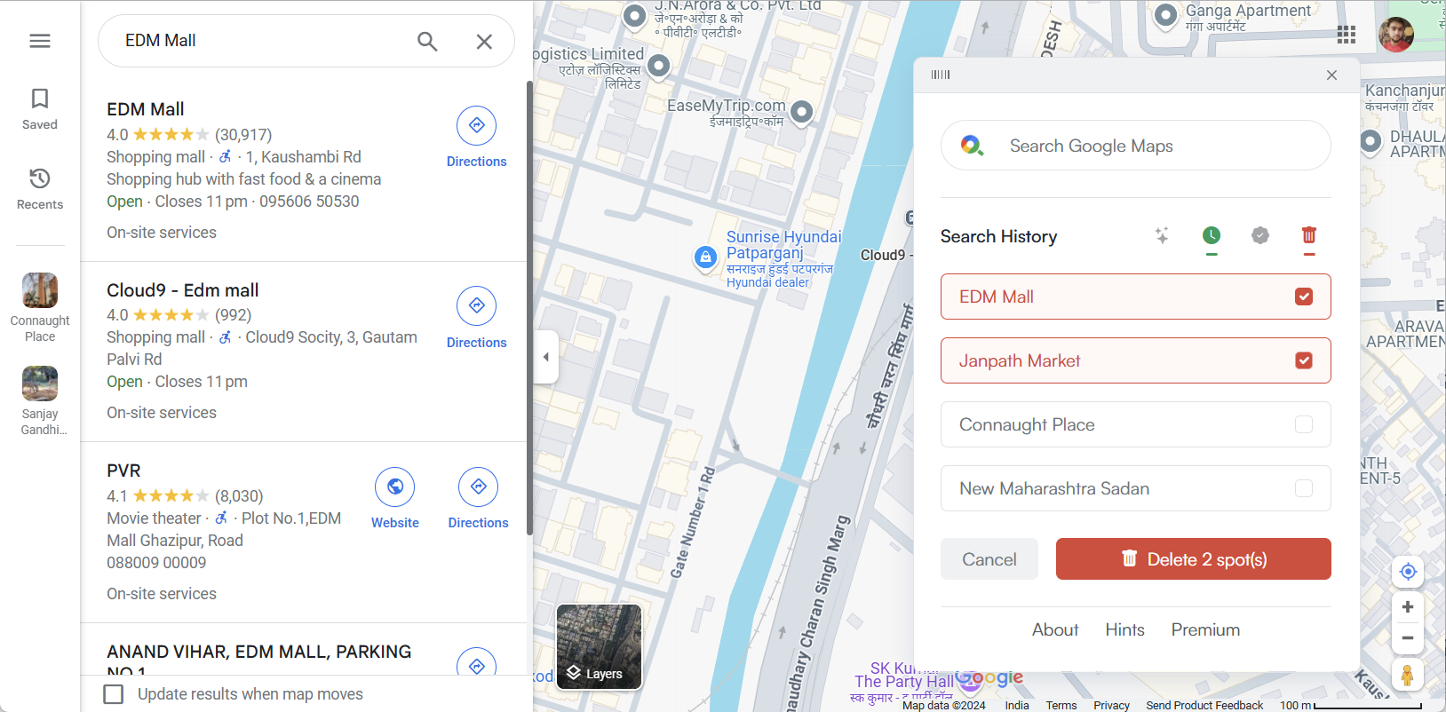 Deleting Spots from the Search history in Maps Express