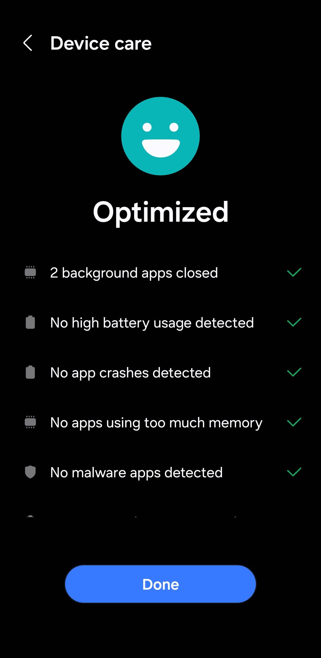 Меню ухода за устройством, показывающее оптимизированный статус на телефоне Samsung