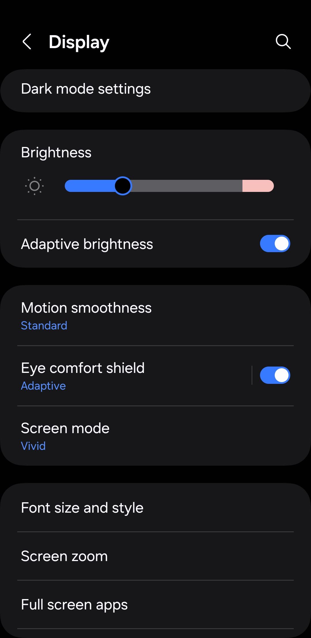 Display settings menu on Samsung phone