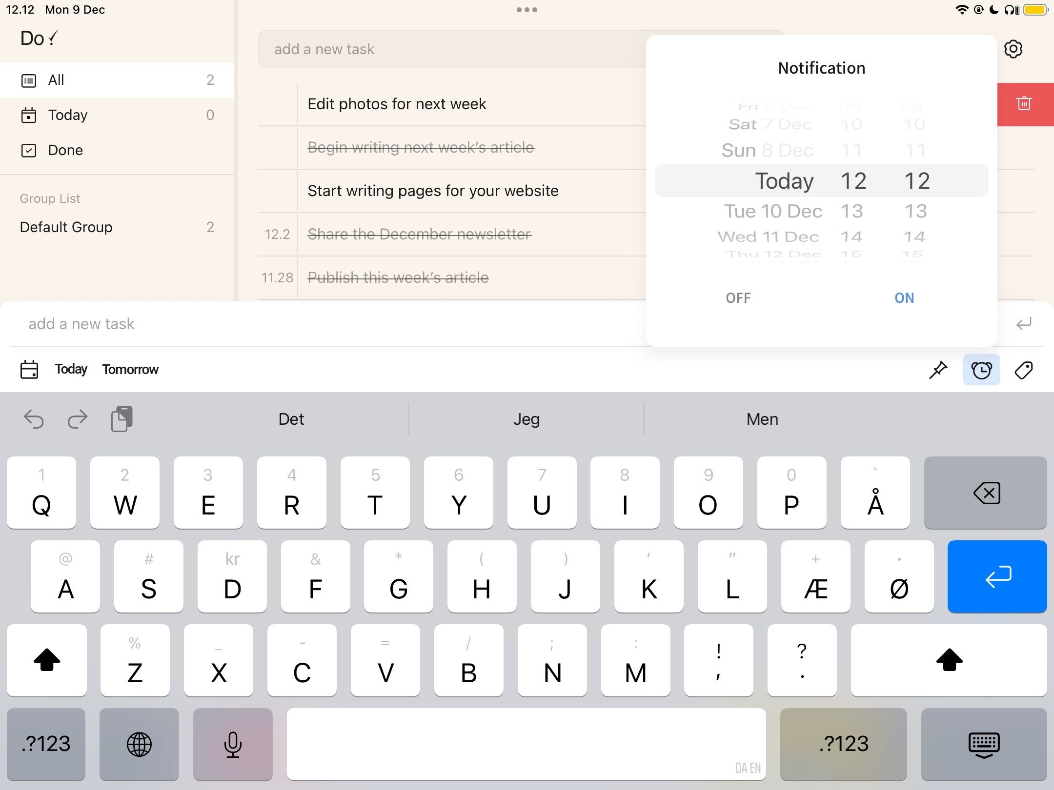 Set up notifications for a task in the Do! App