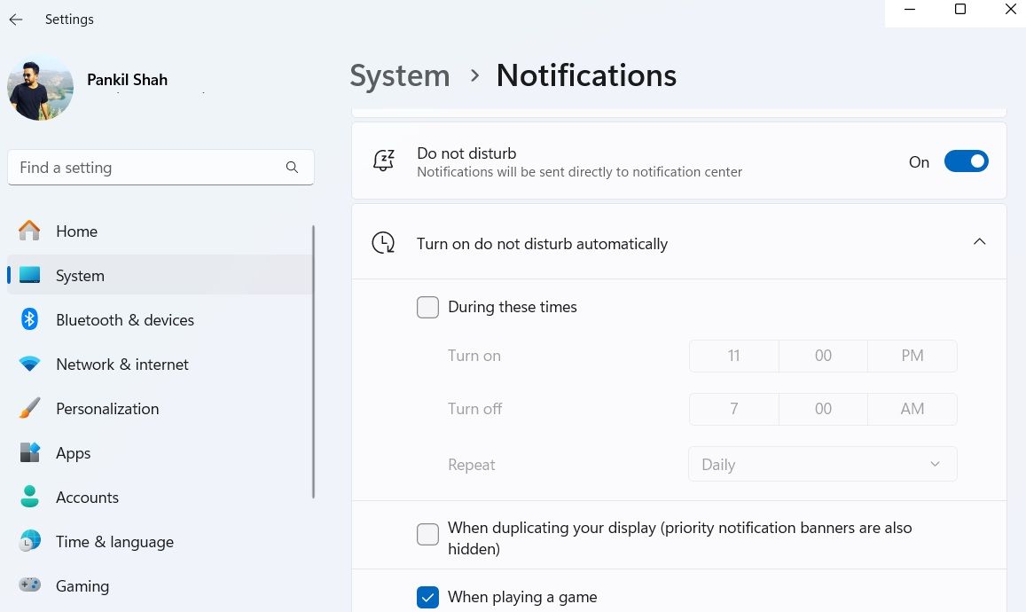 Do not disturb settings in Windows 11