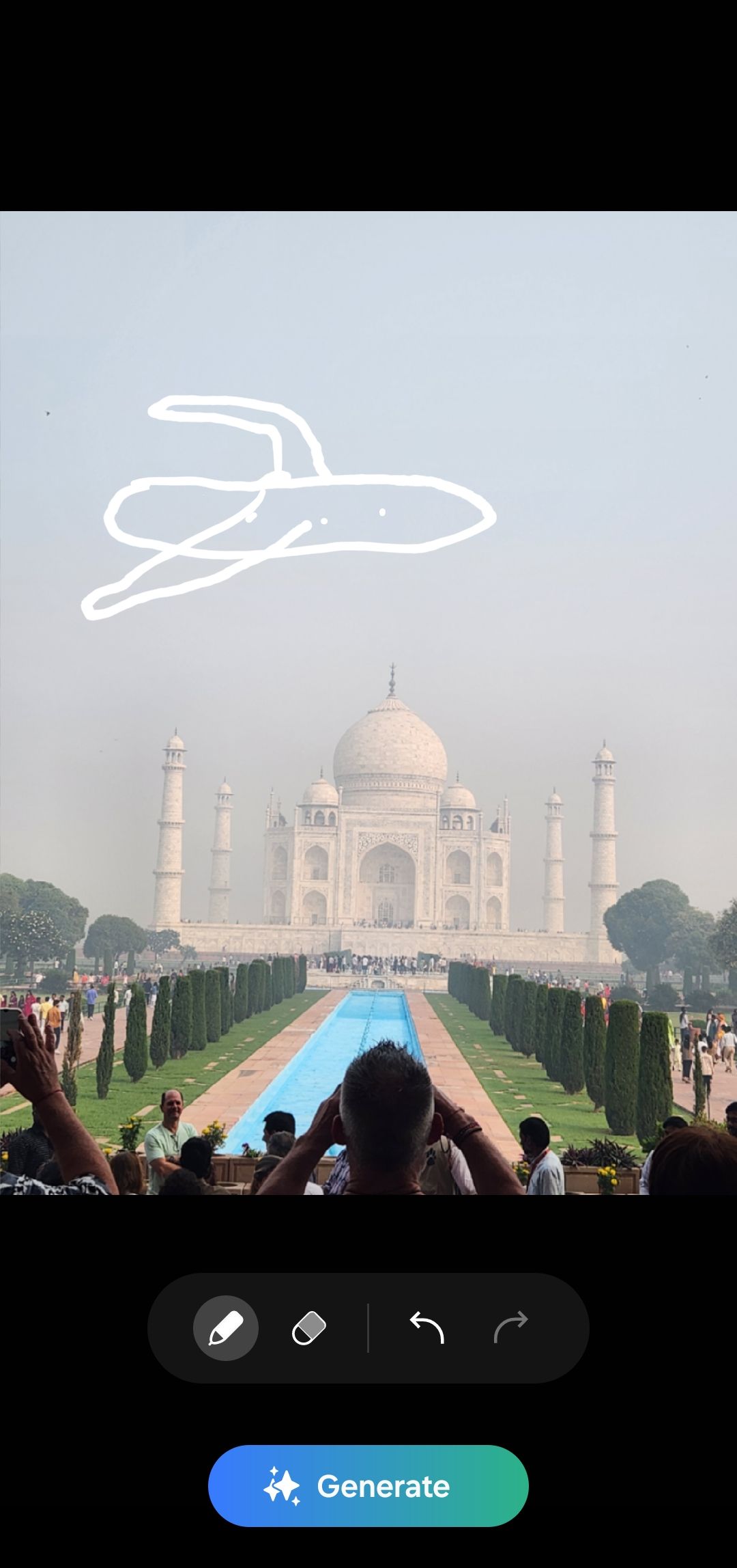 Drawing a plane over an image of Taj Mahal in photo editor