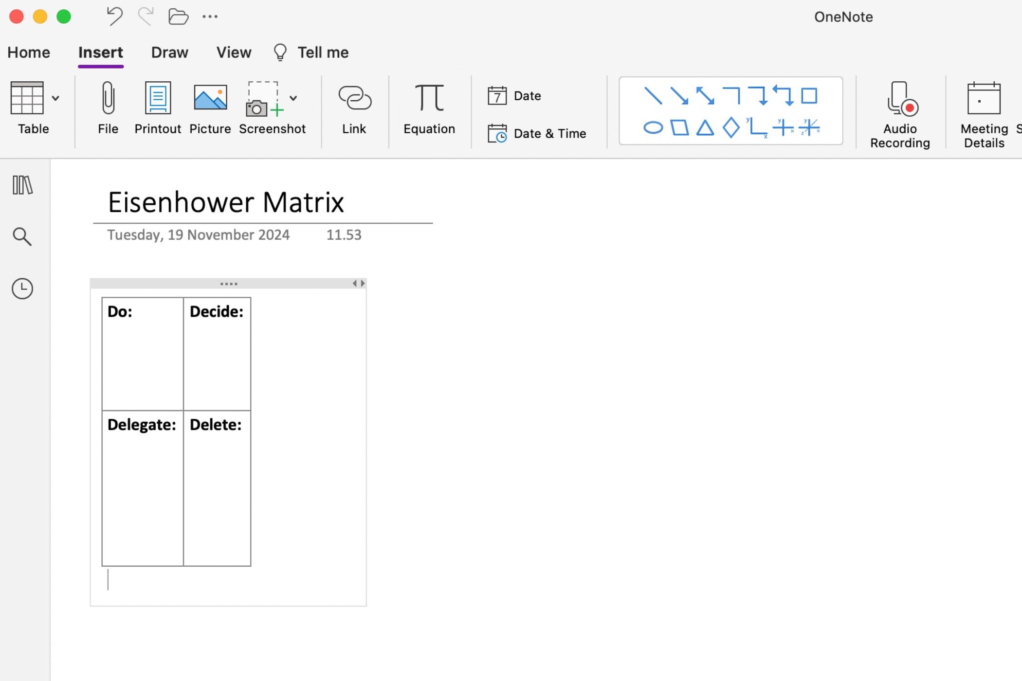 Creating an Eisenhower Matrix in OneNote