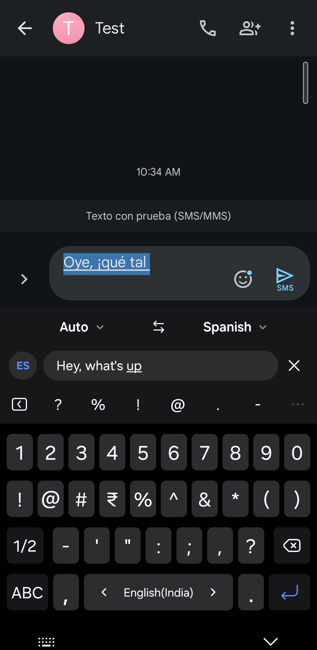 English to Spanish translation in Samsung keyboard on Galaxy phone