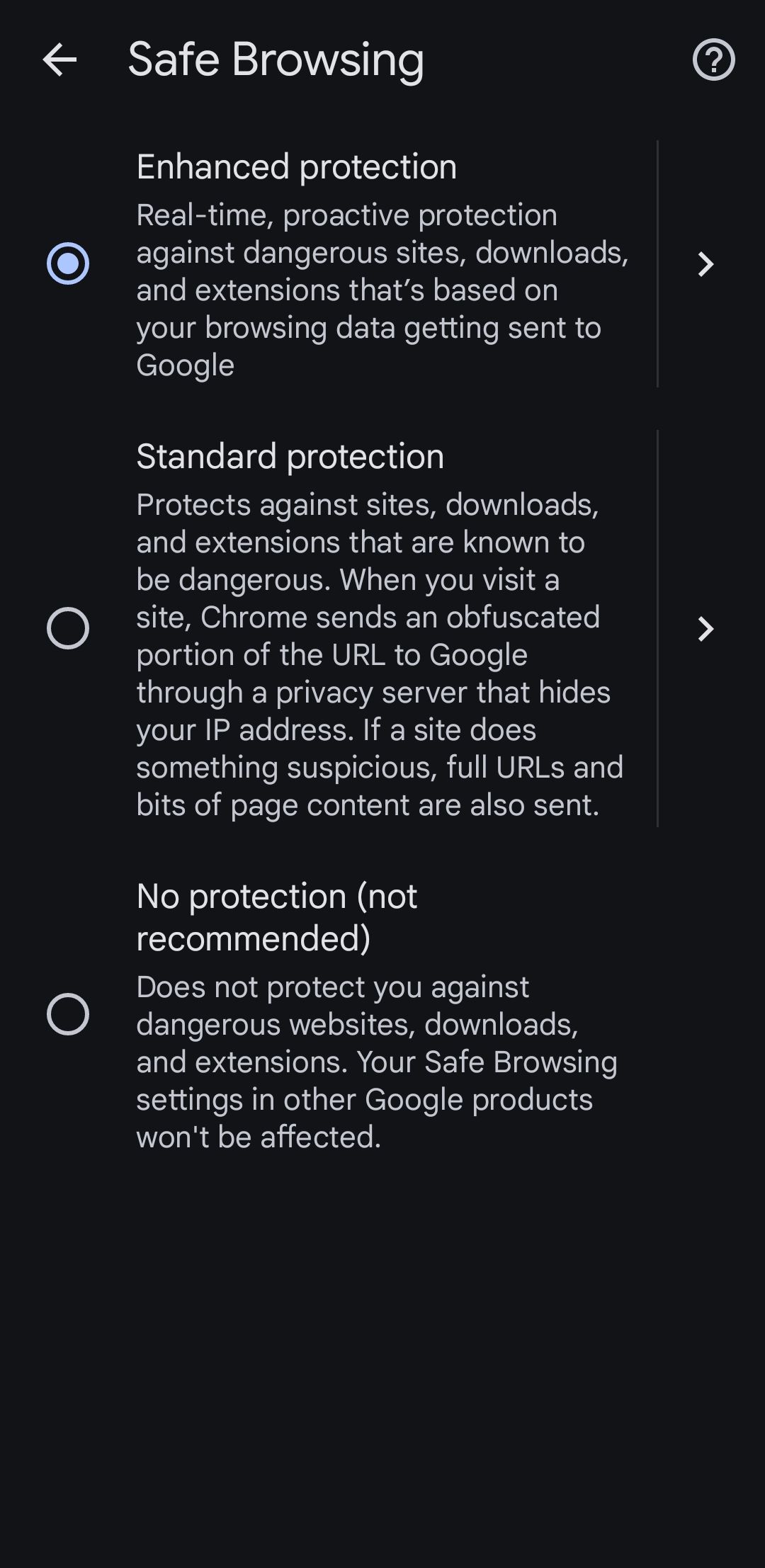 Enhanced protection option selected in Chrome for Android