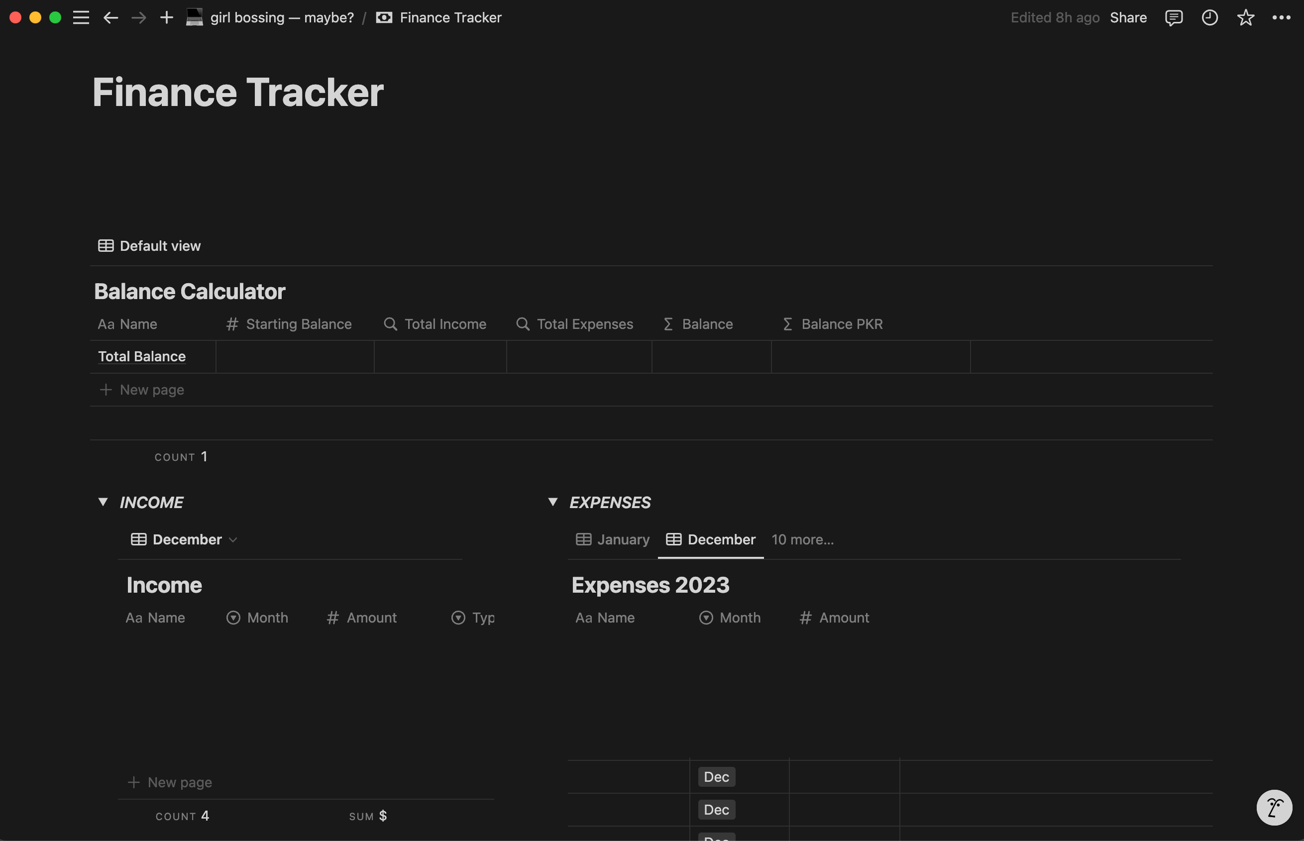 The financial tracking model in tNotion with the balance, income and expenses section-1