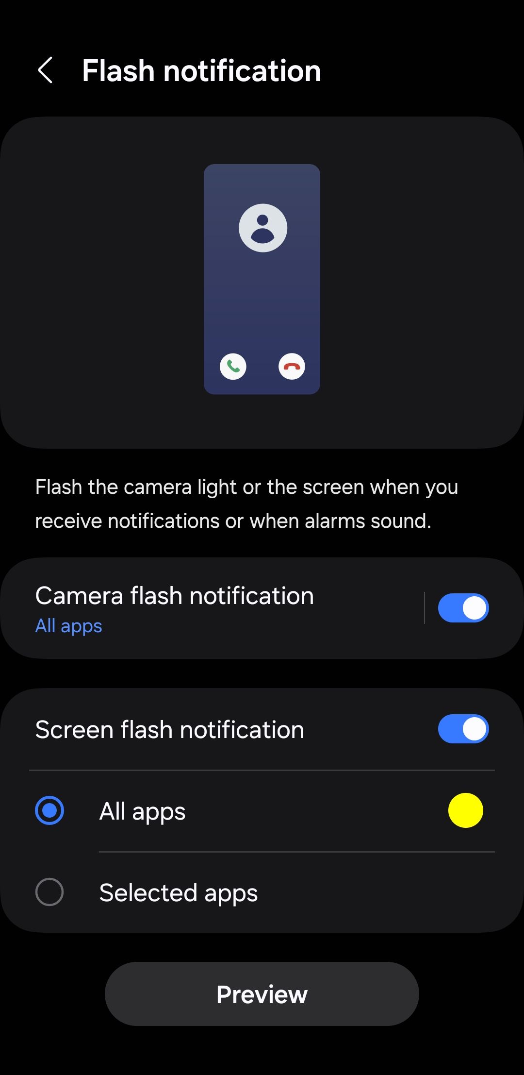 Flash notification menu on Android phone