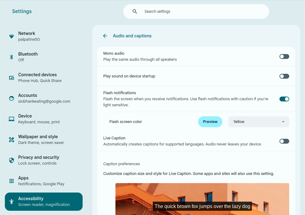 Chromebook settings showing an option to enable "Flash notifications"