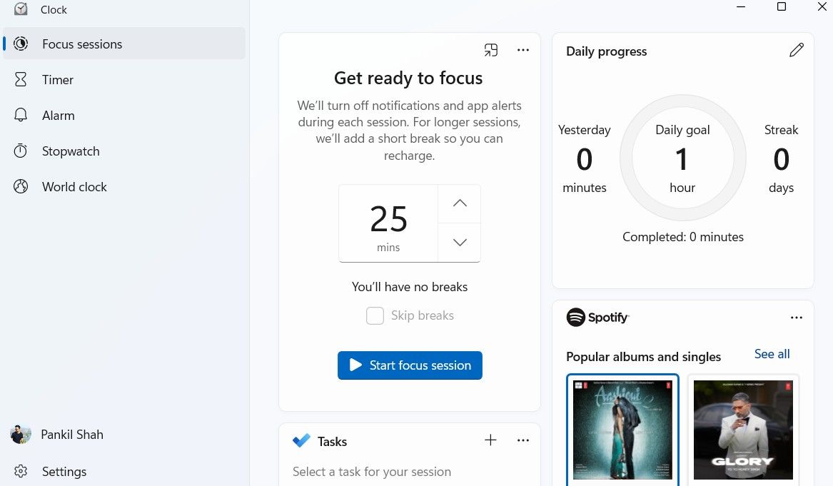 Focus sessions tab in Windows 11 Clock app