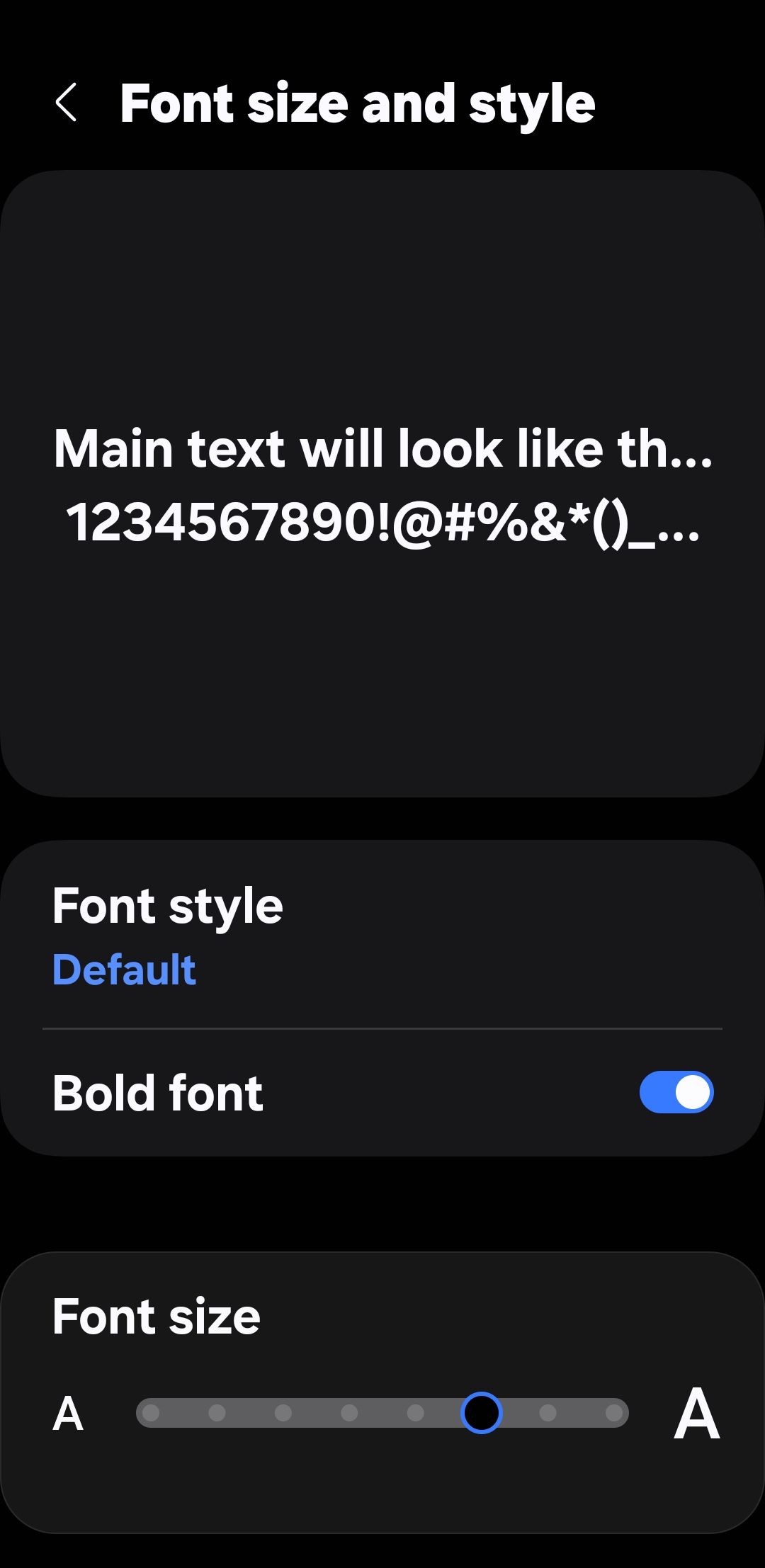 Font size and style menu on Android phone