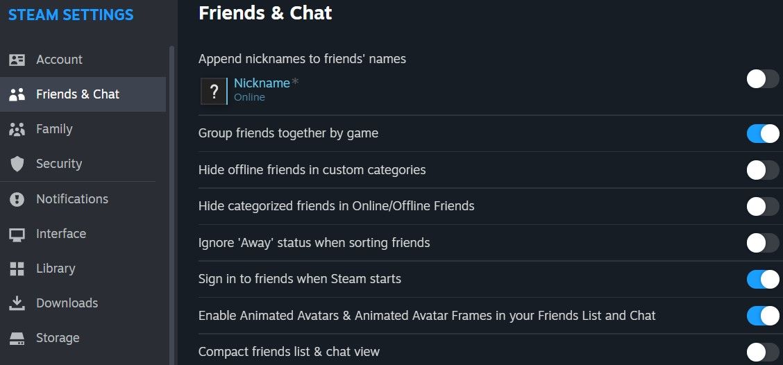 Friends and Chat Tab in Steam Settings