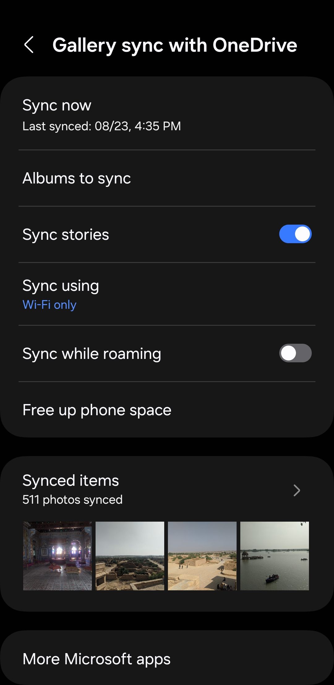 Gallery sync with OneDrive menu on Samsung phone