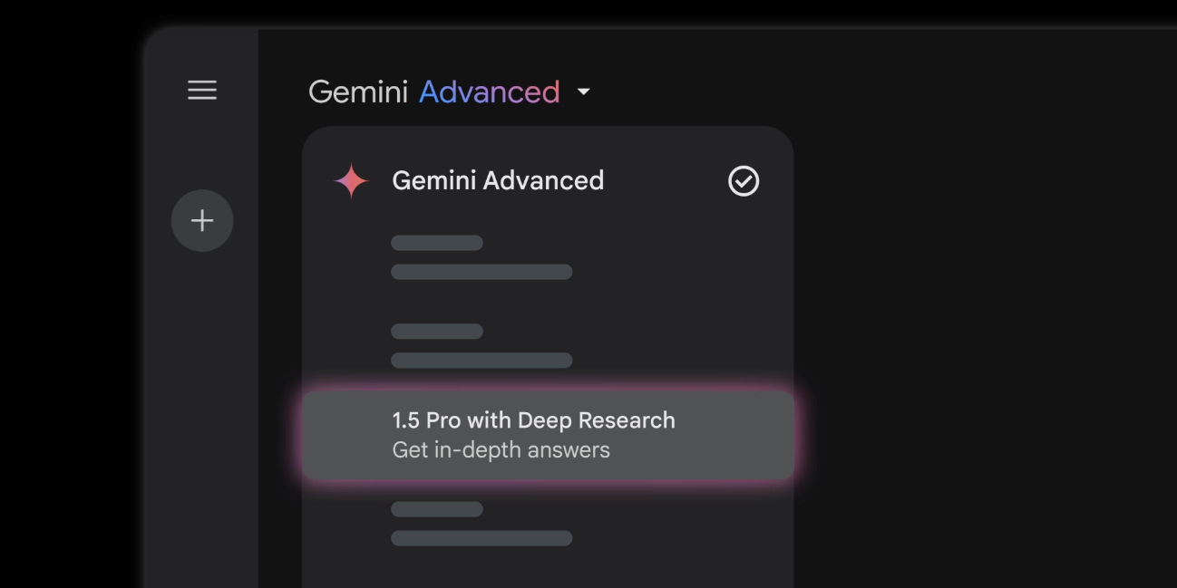 A menu dialogue on Gemini Advanced offers the option to use a Deep Research tool