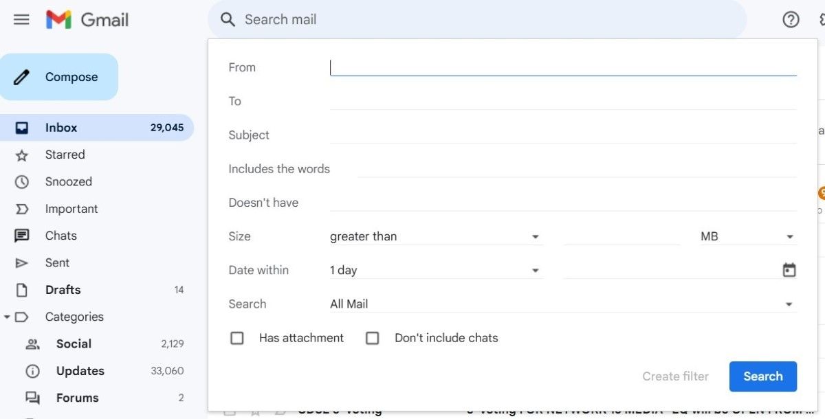 Gmail filter options and criteria