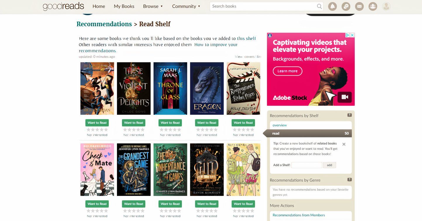 Goodreads recommendation list showing many books.