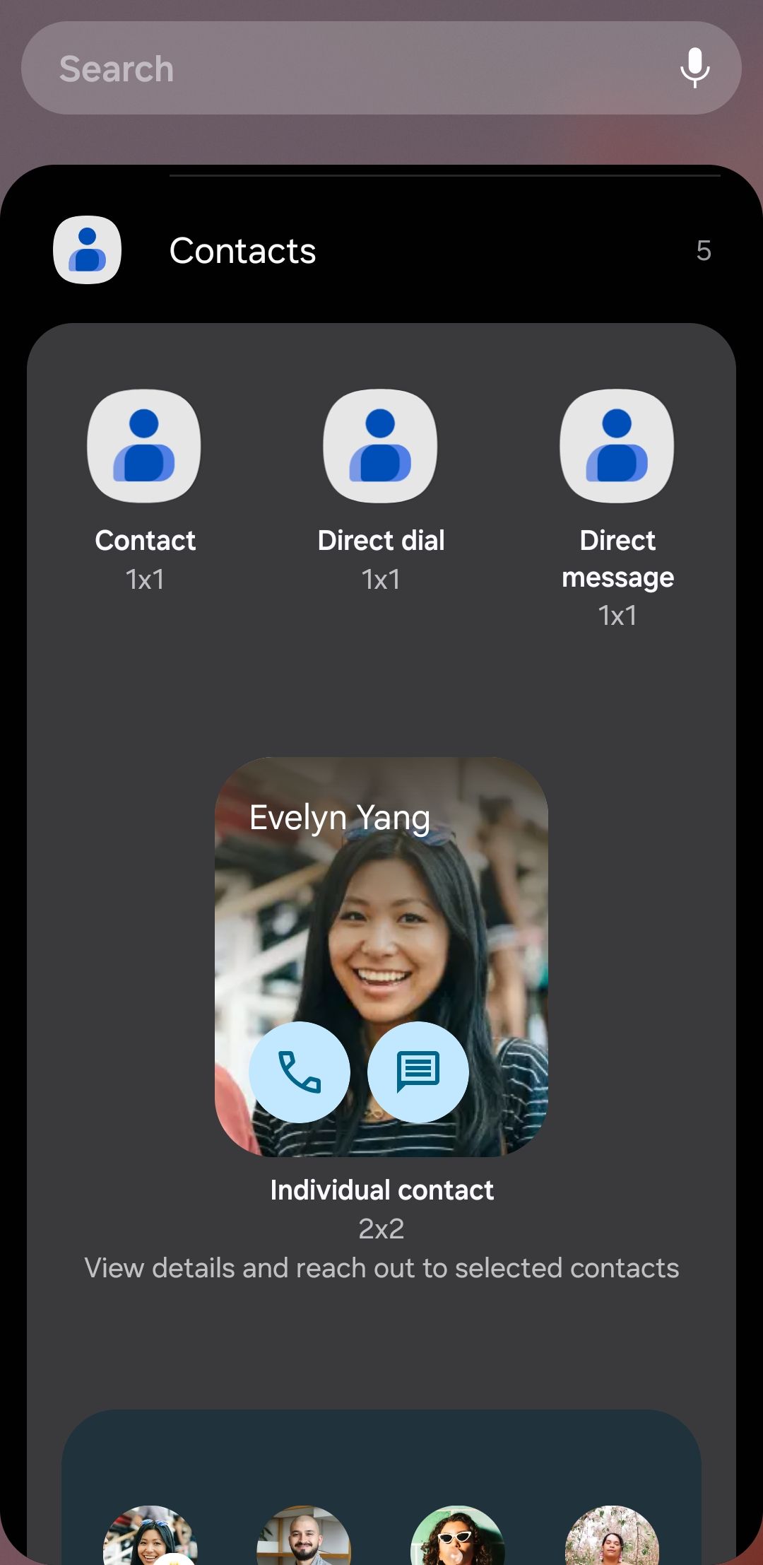 Google Contacts app widget options on Android phone